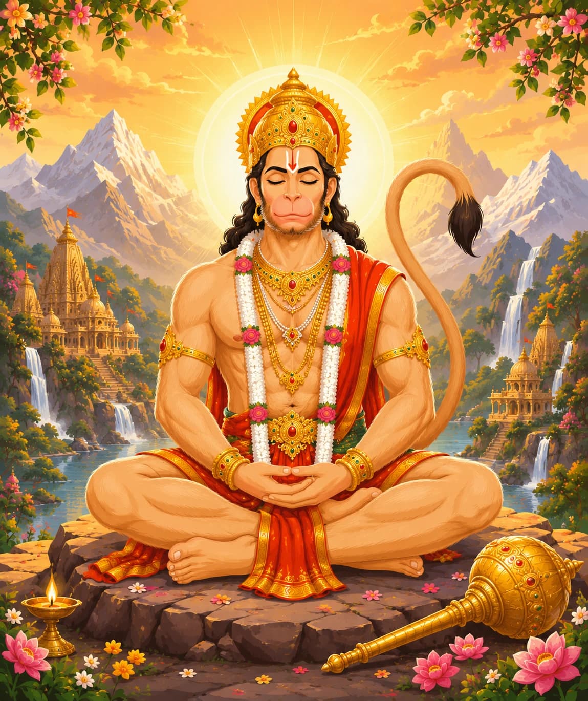 An illustration of Shri Hanuman in serene meditation, haloed by the rising sun
